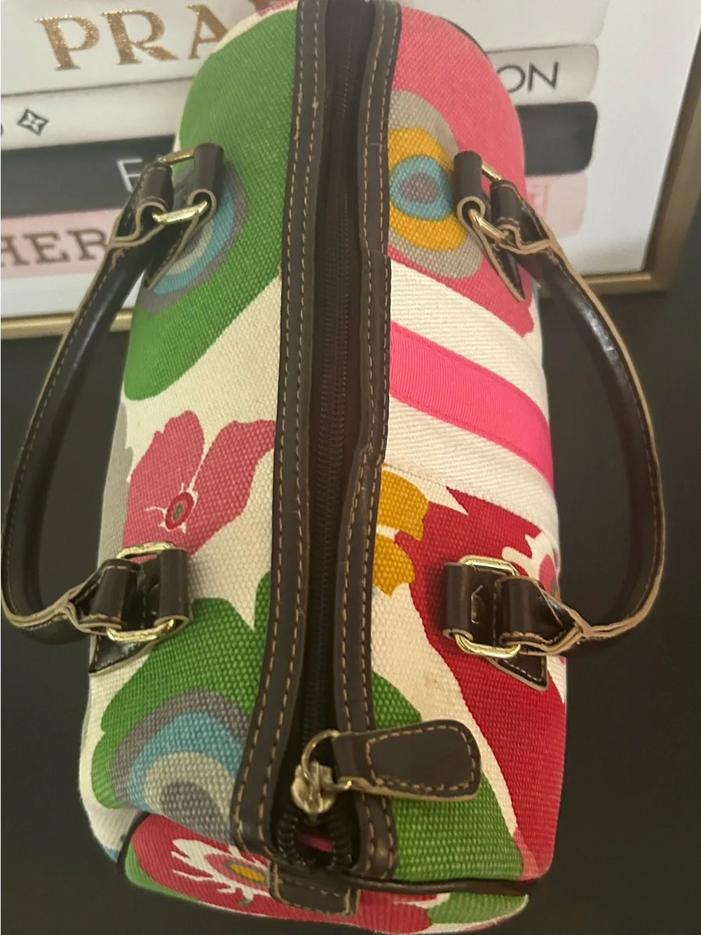 Vintage Y2K Victoria’s Secret Floral Canvas Satchel Handbag Striped Bowling bag